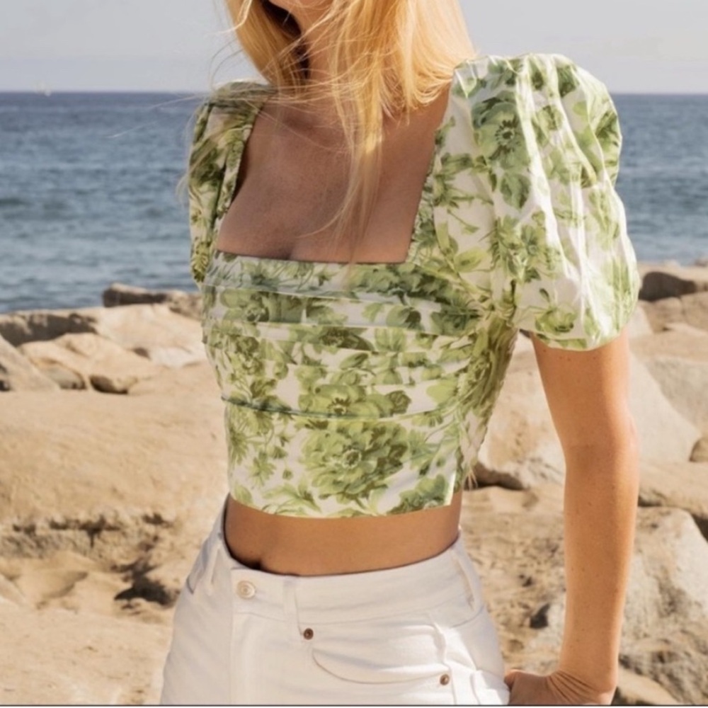 Abercrombie & Fitch green floral smocked crop top size XL